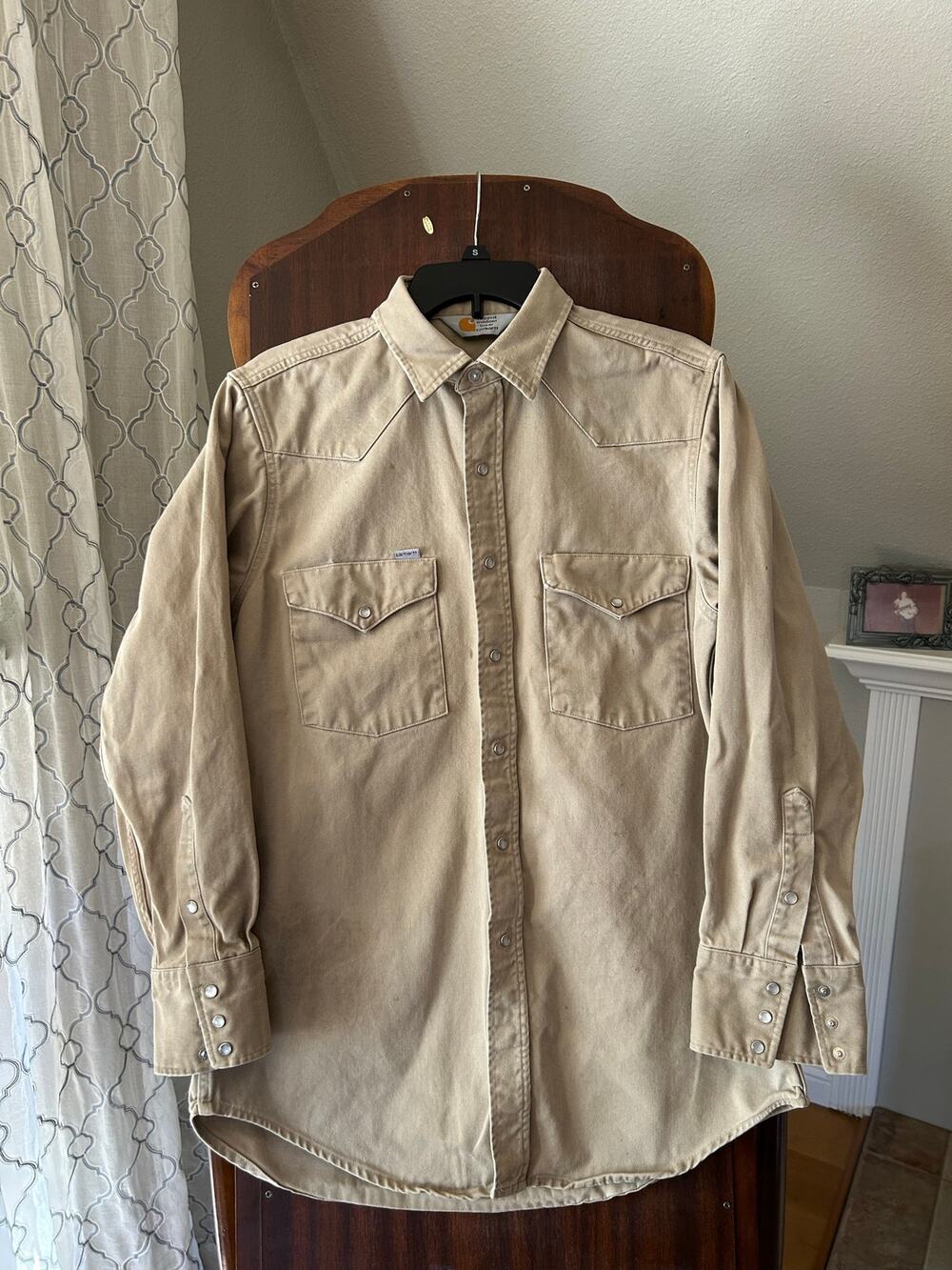 Vintage Carhartt Canvas Western Dungaree Work Shirt Distressed Made USA large